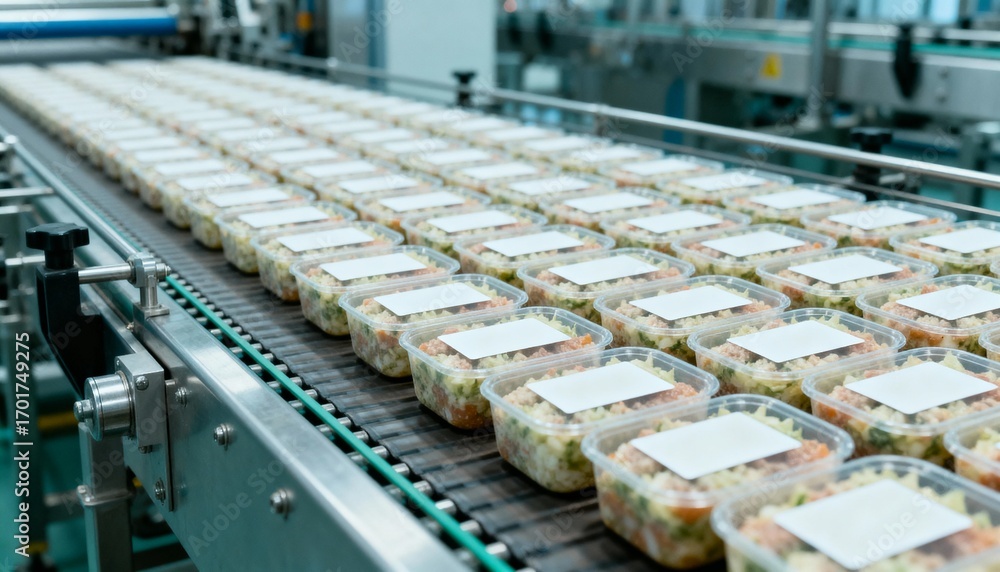 Fototapeta premium Food processing: prepackaged salads move along an automated conveyor belt system in a food production factory