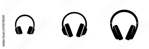The headphones icon is represented by a simple yet striking black silhouette of over-ear headphones, ideal for symbolizing music, audio, podcasting, and technology