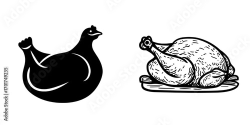 The Roasted Chicken Icon is a simple yet striking silhouette of a whole roasted chicken, ideal for use on culinary-themed websites, food blogs, or restaurant menus, and is rendered in a clean, modern