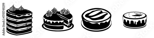 The Layered Chocolate Cake Icon is a simple yet elegant symbol representing a delectable three-layered chocolate cake, topped with three dollops of frosting, ideal for menus and bakery websites