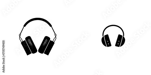 The icon for headphones is a simple, bold, black silhouette of the over-ear type, ideal for use in projects related to music, podcasting, audio, and technology, thanks to its clean and easily usable