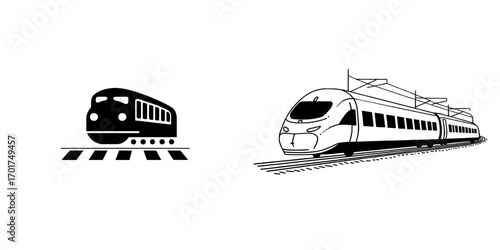 A sleek and modern train icon, rendered in a minimalist black and white style, is perfectly suited for use in presentations, websites, or app designs, symbolizing speed, efficiency