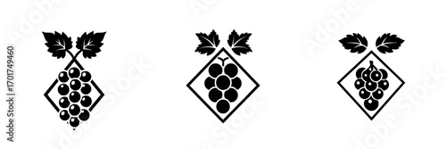 The Grape Icon is a simple yet elegant representation of a grape bunch with leaves in black and white, ideal for design projects focused on food, wine, or agriculture