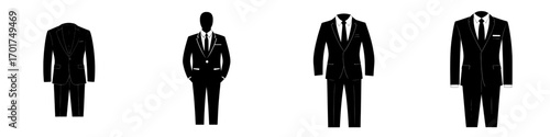 A minimalist black and white modern icon of a classic business suit with a tie symbolizes professionalism, style, and corporate identity as a classic suit icon