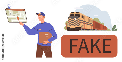 Delivery person with map interacting with package tracking, freight train, fake warning. Ideal for logistics, shipping, transportation, fraud prevention, supply chain, e-commerce simple flat