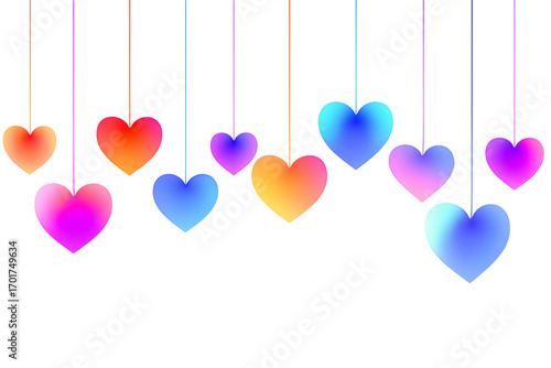 Cute colorful hearts hanging isolated for Valentine's Day design. Heart shaped paper confetti png. Vector illustration