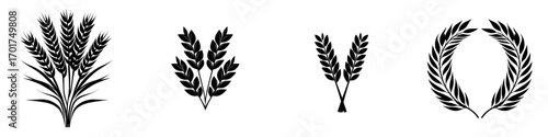 The Wheat Stalks Icon is a minimalist design presented in black and white, showcasing three stylized wheat stalks that represent harvest, agriculture, and abundance