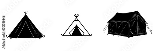 The Camping Tent Icon is a simple black and white illustration of a traditional camping tent, great for representing travel, outdoor adventure, and camping