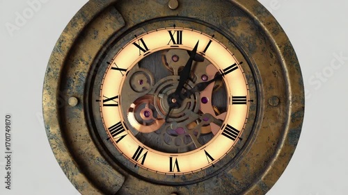 Intricate steampunk clock mechanism ticking moments away, capturing vintage time's elegance and motion