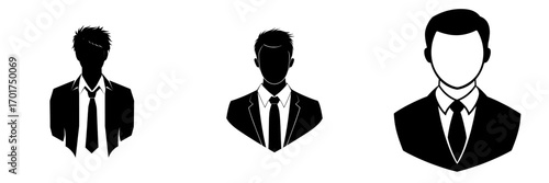 A minimalist silhouette of a businessman, characterized by a sharp suit, tie, and spiky hair, is depicted in the image, suitable for profile pictures, avatars, and social media icons
