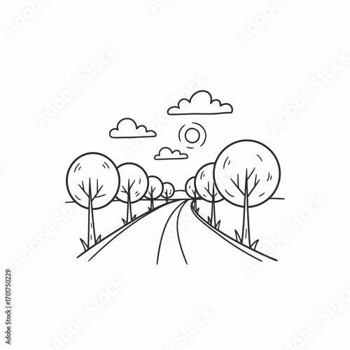 A simple line drawing of a road receding into the distance, flanked by trees, under a sunny, cloudy sky.