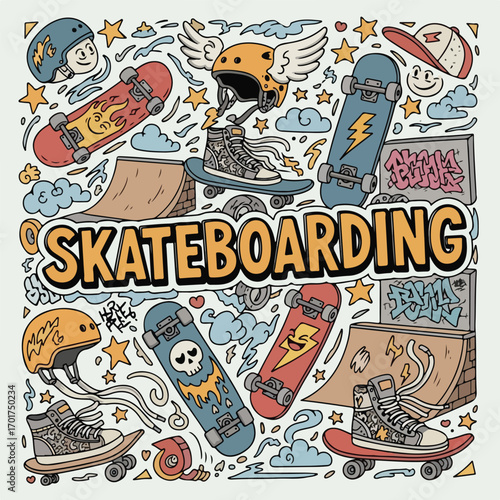 Hand drawn skateboarding doodle art collection with skateboards and gear.