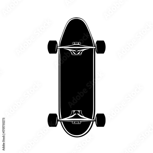 Viewed from above, a skateboard's silhouette presents a clean and minimalist image that emphasizes its timeless design and potential for action, suitable for skateboarding-themed designs