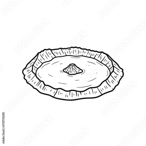 Hand-drawn illustration of a volcanic crater with a small volcano inside.