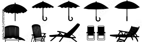 The image features a silhouette of assorted beach umbrellas in an artistic depiction