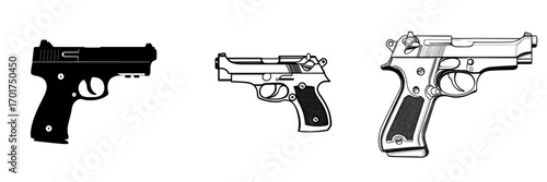 A stark black silhouette of a handgun, rendered in a minimalist style, evokes a sense of power, danger, and authority