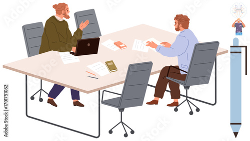 Two professionals exchanging ideas at a table with papers, laptops, notebooks, and chairs. Ideal for collaboration, teamwork, business, office culture planning communication strategy. Simple flat