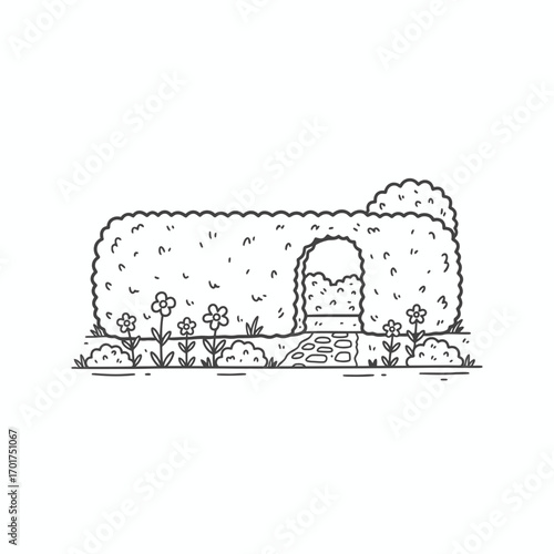 A whimsical line drawing of a neatly trimmed hedge maze with an arched entrance, flowers, and a stone pathway.
