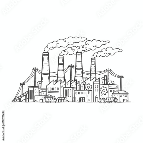 Line drawing depicts a factory complex with smokestacks emitting pollution into the air.