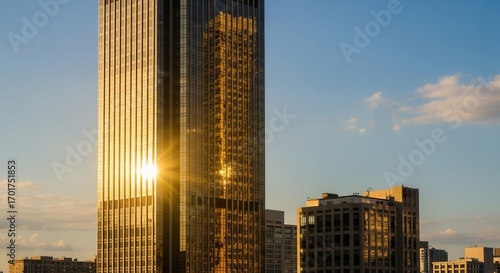 A towering glass skyscraper intensely reflects sunlight creating a bright starburst effect on its facade with other urban structures against a blue sky