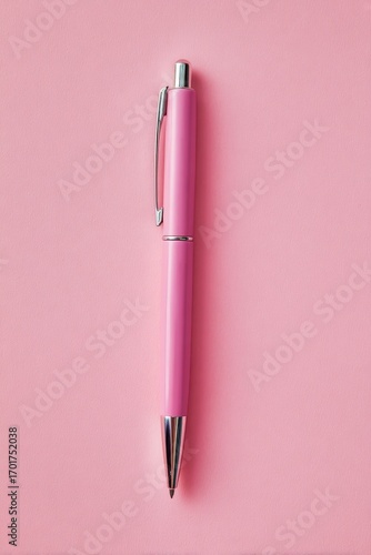 top view one pink pen on pink background, vertical