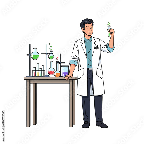 Scientist in lab coat examines a green liquid in a test tube, with lab equipment on a table.