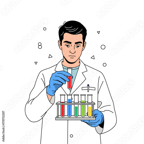 A focused scientist examines colorful liquids in test tubes during a laboratory experiment.