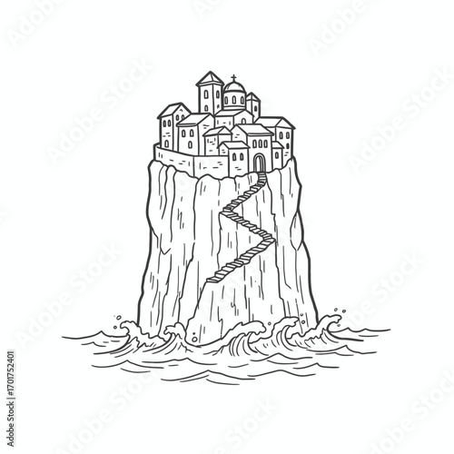A detailed illustration of a coastal village perched atop a towering cliff, accessible by a winding staircase, surrounded by ocean waves.