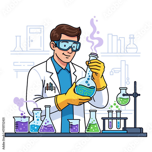 A scientist in a lab coat meticulously examines a bubbling flask filled with colorful liquid, surrounded by various beakers and test tubes.