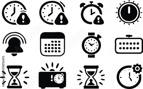 Time management and alert icons in black and white 
