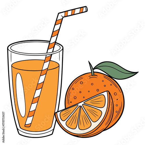 A clear glass of orange juice with a striped straw, placed beside a whole orange with a green leaf and a fresh orange wedge.