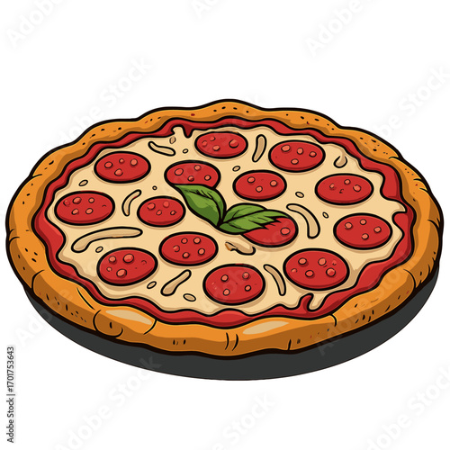 Traditional pepperoni pizza with fresh basil on a golden crust with shadow cartoony line art on transparent background  