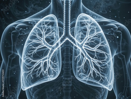 Human lungs showing bronchial tree and trachea in x-ray style