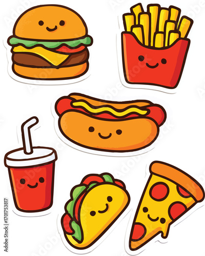 Cute cartoon fast food characters with smiling faces, playful vector illustration for kids, menus, and fun culinary themes