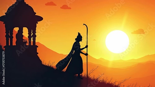  lord rama silhouette for ram navami celebration. A silhouette of a person holding a staff walks past a traditional pavilion at sunset, set against a mountainous landscape, symbolizing spirituality,