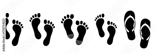 Black Footprints and Flip-Flops on White Background