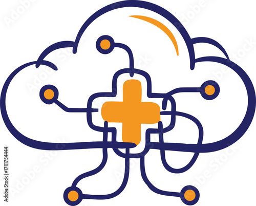 Digital health cloud computing concept with interconnected circuits and a medical cross symbol representing healthcare technology and data services
