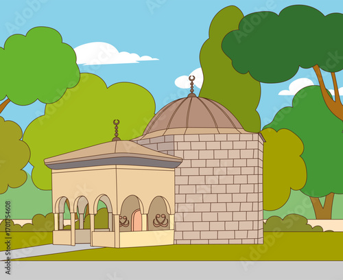 Vector illustration of a tomb from the Ottoman period architecture. The tomb is set against a backdrop of trees and a blue, cloudy sky.