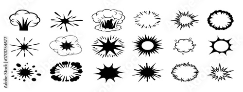 Collection of Black and White Comic Book Style Explosion and Burst Icons