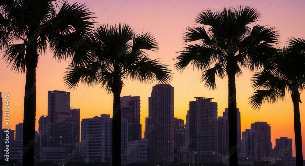 Obraz premium City skyline with tall buildings and palm tree silhouettes against a gradient sky of pink orange and yellow hues