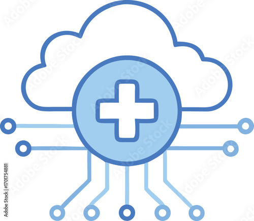 Digital healthcare innovation concept featuring a cloud icon with a medical cross symbol and interconnected circuit board lines representing technology and data