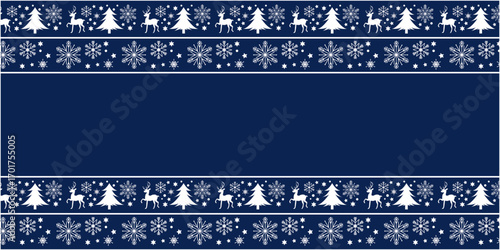 Winter holiday and Christmas decoration pattern. Christmas trees, snow flakes and reindeers decoration illustration. Vector illustration.