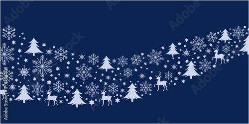 Winter holiday and Christmas decoration pattern. Christmas trees, snow flakes and reindeers decoration illustration. Vector illustration.