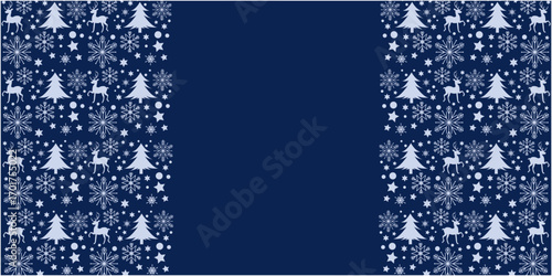 Winter holiday and Christmas decoration pattern. Christmas trees, snow flakes and reindeers decoration illustration. Vector illustration.