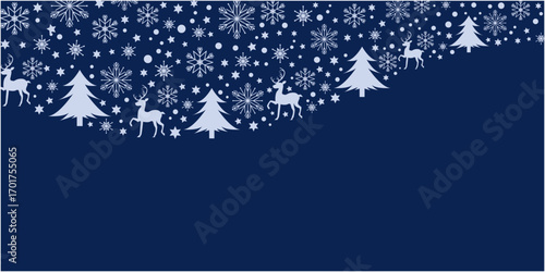 Winter holiday and Christmas decoration pattern. Christmas trees, snow flakes and reindeers decoration illustration. Vector illustration.