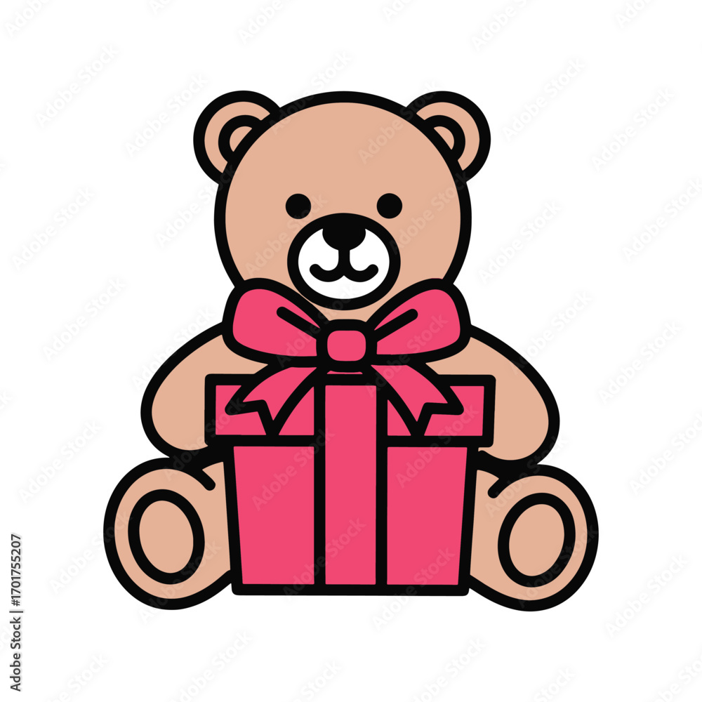Obraz premium flat vector Cute teddy bear with gift box and pink bow