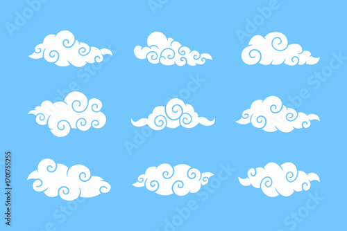 Set of Oriental Swirl Cloud Vector Illustrations on Blue Background