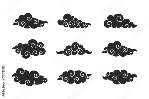 Set of Oriental Cloud Swirl Silhouette Vector Illustrations