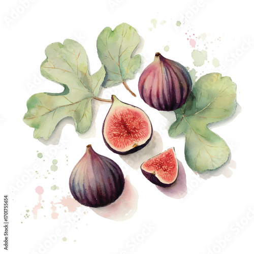 Watercolor Fig Vector Illustration with Leaves and Slices on Transparent Backdrop
