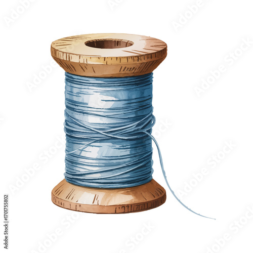 Watercolor Thread Spool Vector Illustration with Blue Thread and Wooden Spool